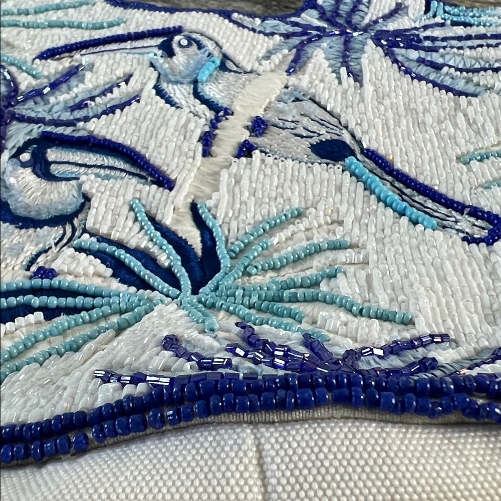 Hand-Beaded Blue & White Tropical Bird Resort Tote | Coastal Chic Like New - Picture 8 of 15